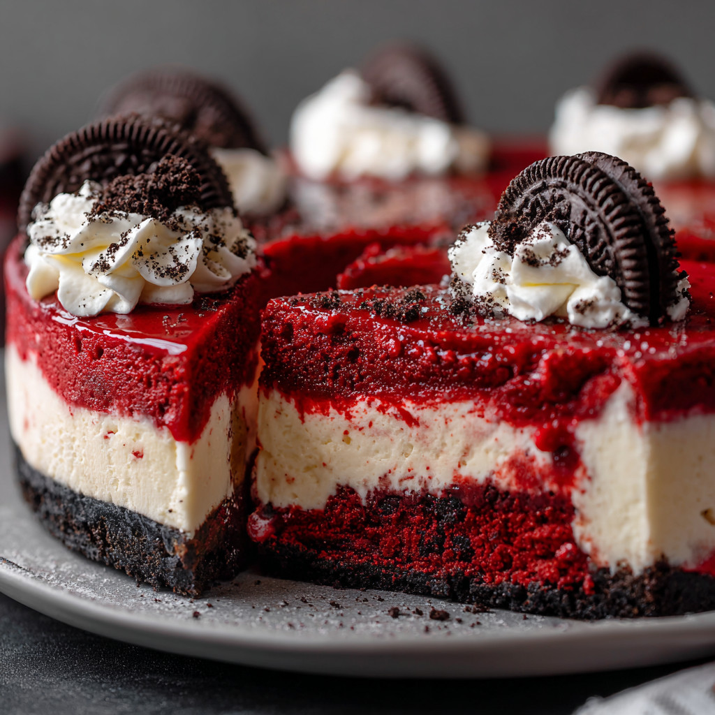A slice of red velvet cheesecake with white cream and Oreo cookies.