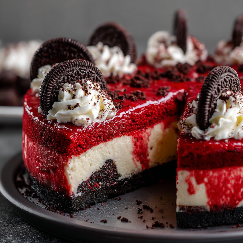 A slice of red velvet cheesecake with white cream and oreo cookies.