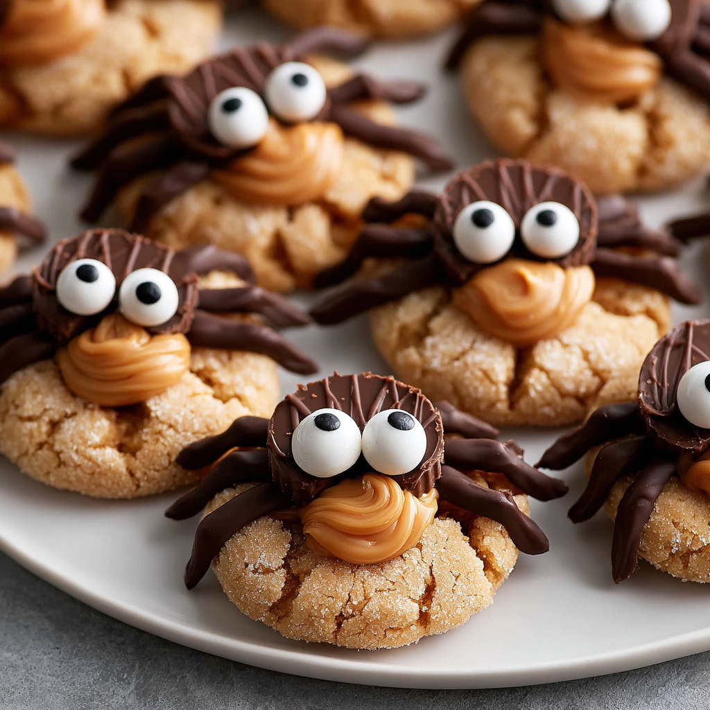 A plate of spider cookies with chocolate and peanut butter.