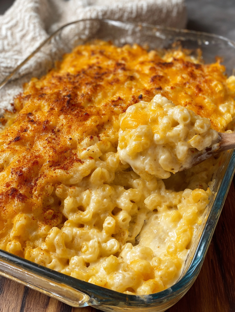 A close up of a delicious Southern Style Macaroni & Cheese.