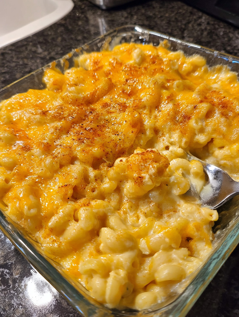 A glass bowl filled with macaroni and cheese.