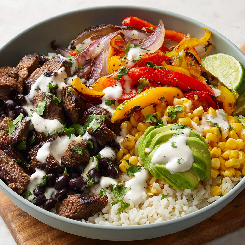 A bowl of steak fajita power bowls.