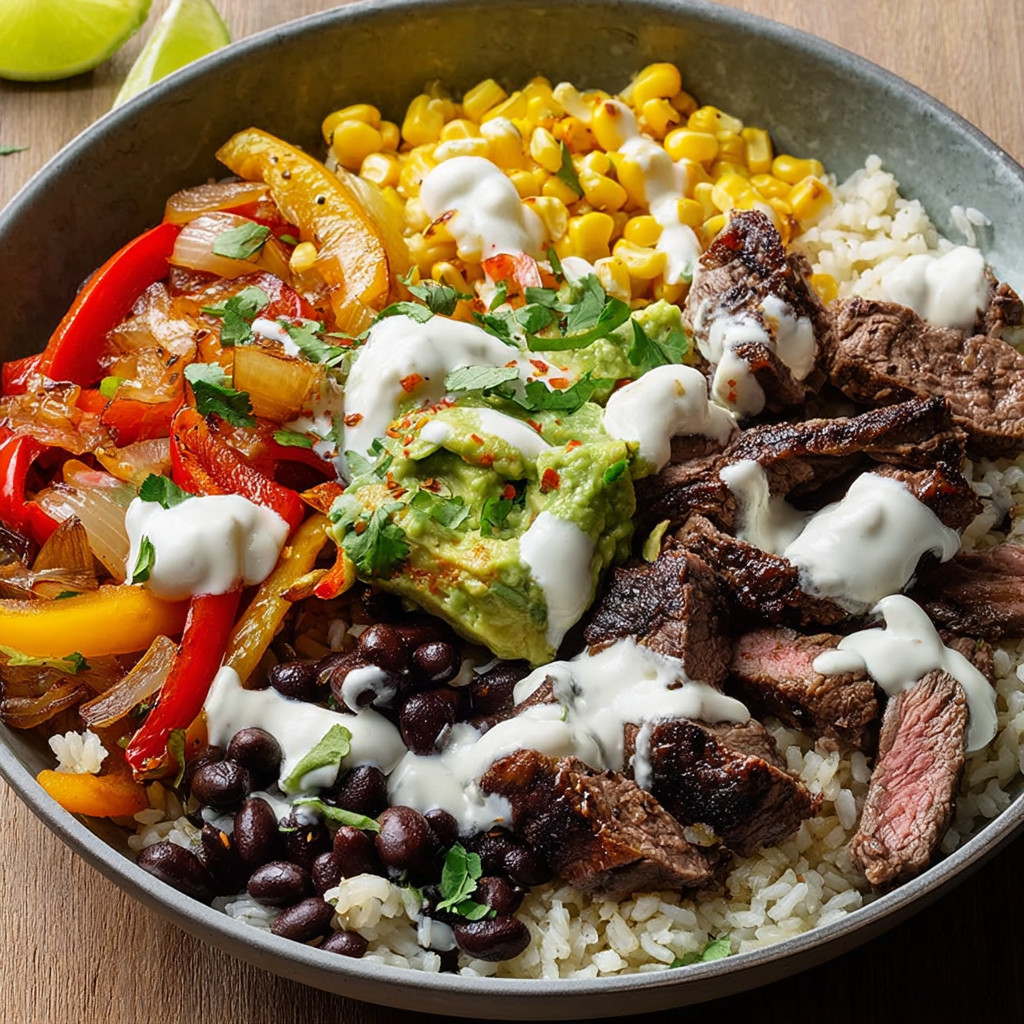 A bowl of food with meat, rice, and vegetables.