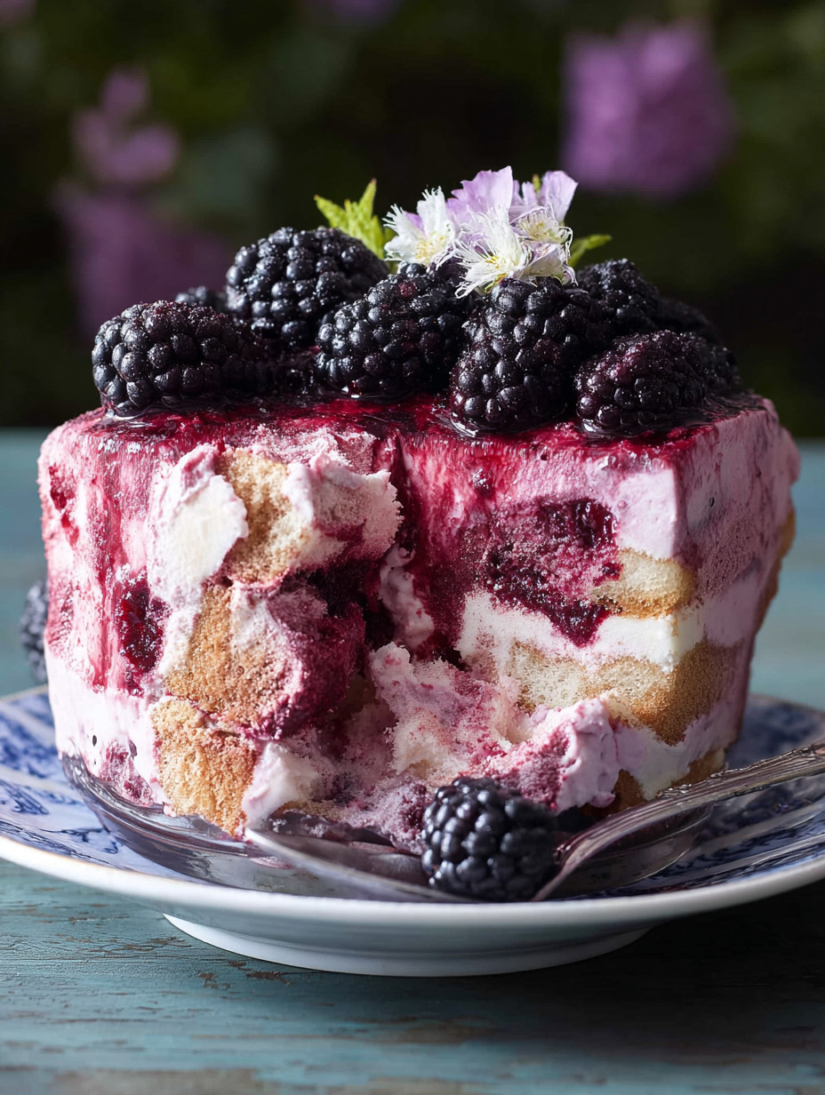 A slice of Bramble Blackberry Tiramisu.