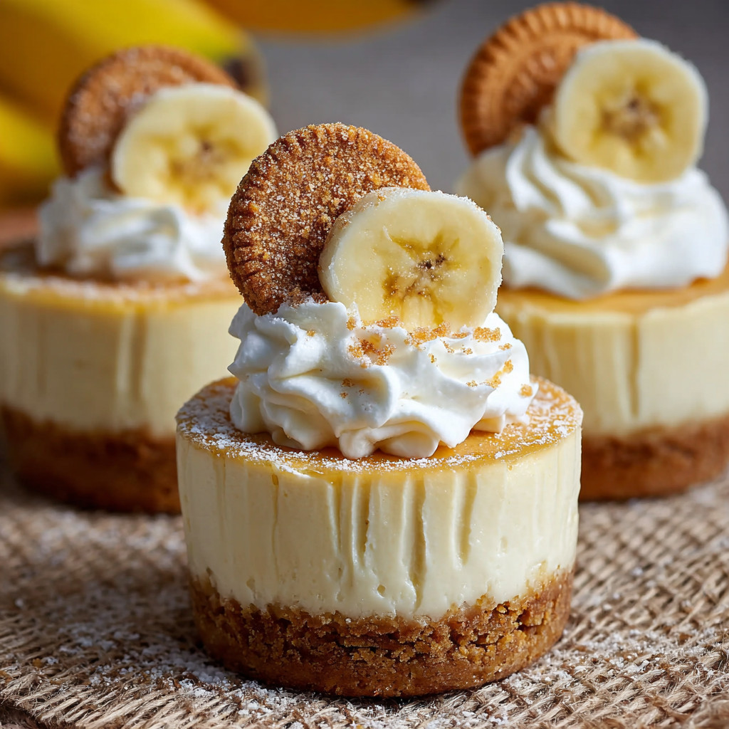 Three mini banana pudding cheesecakes with whipped cream on top.