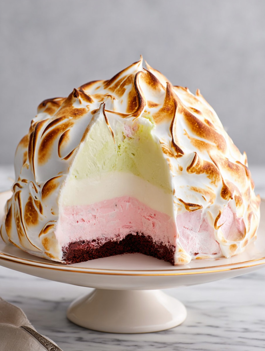 A slice of baked Alaska on a plate.