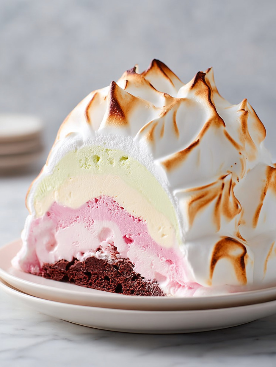 A slice of baked alaska with a white frosting.