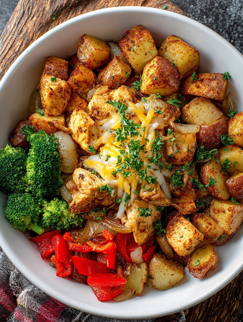 A bowl of food with chicken, potatoes, and broccoli.