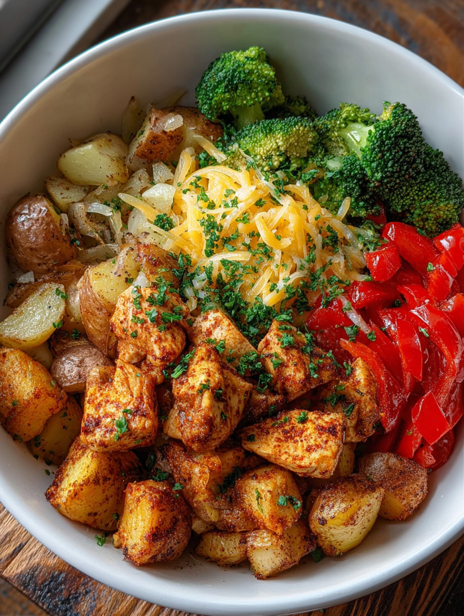A bowl of food with chicken, potatoes, and broccoli.