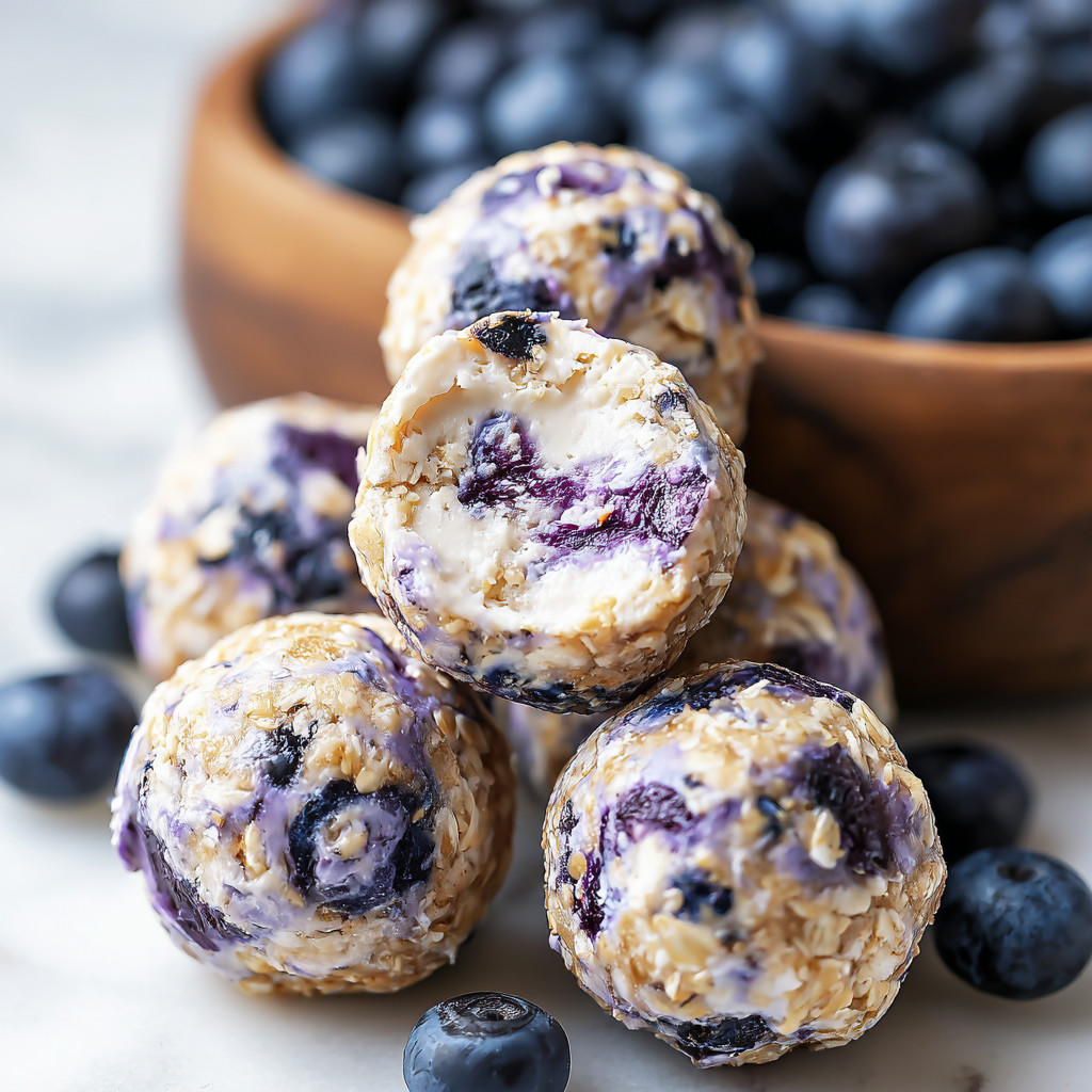 Blueberry cheesecake protein bites in a bowl.