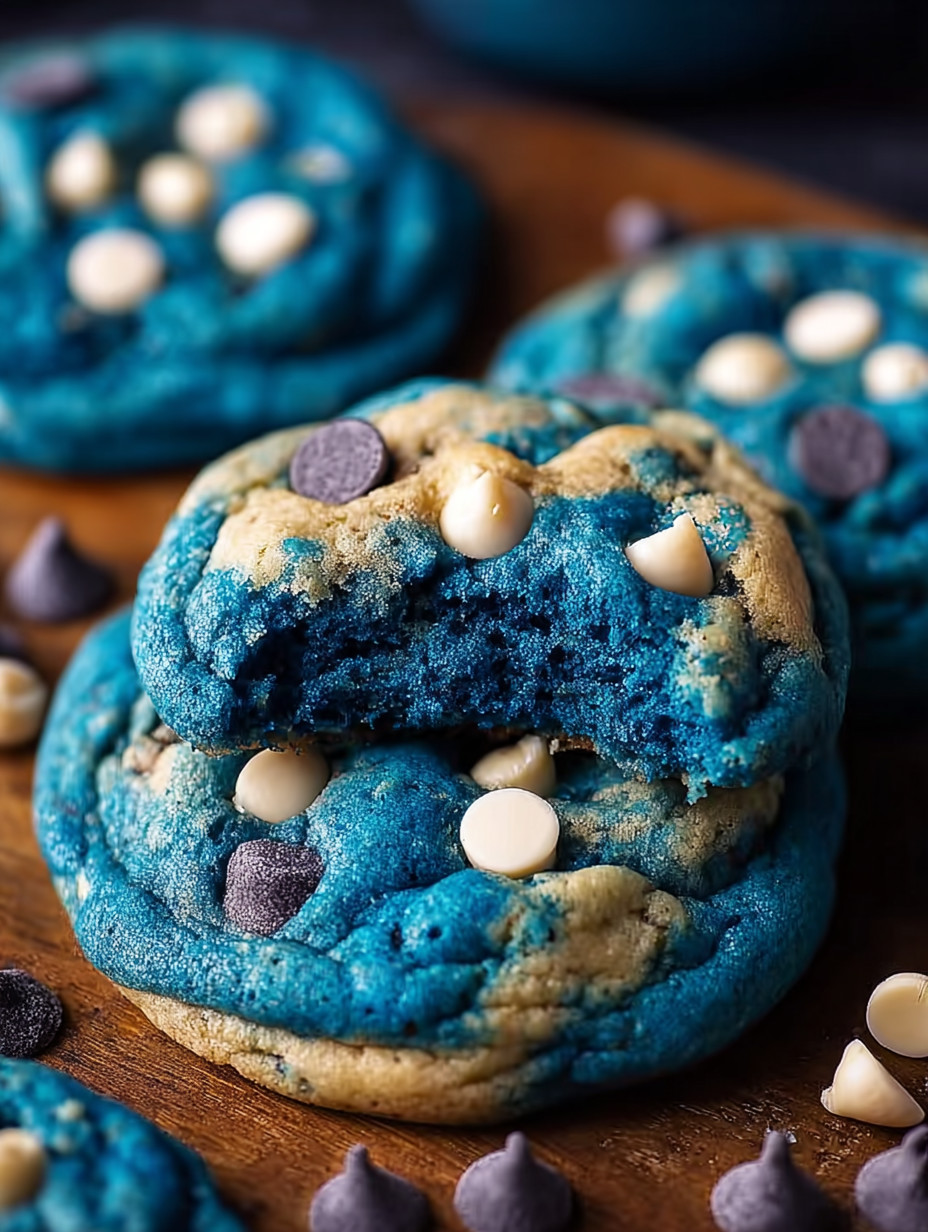 Blue cookies with white chocolate chips.
