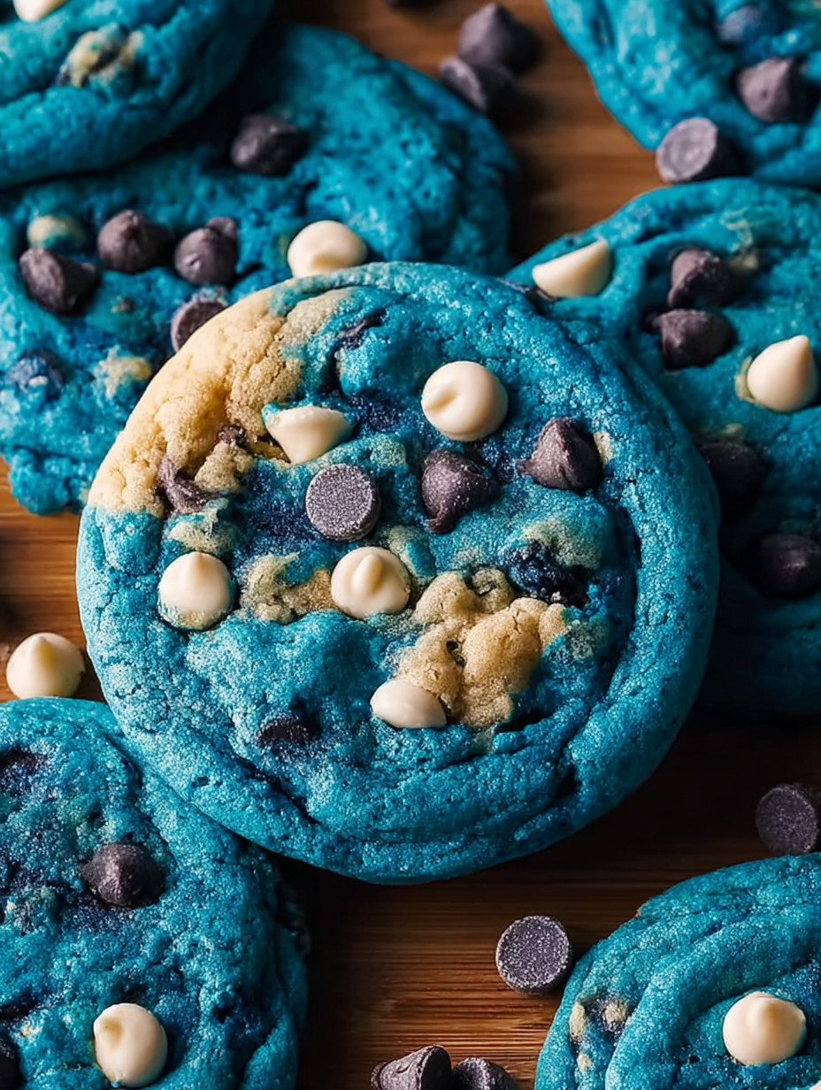 Blue cookies with white chocolate chips.