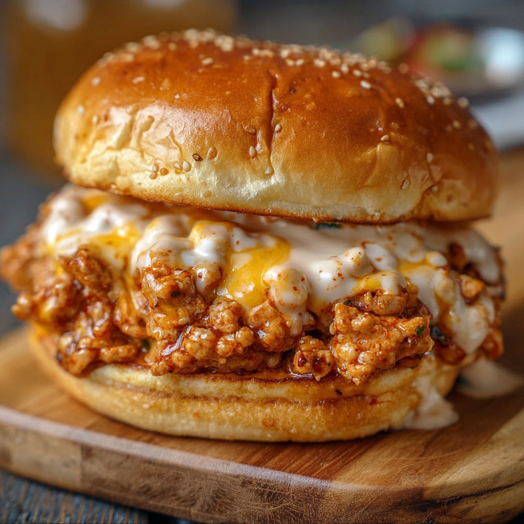 A Cajun Chicken Sloppy Joes sandwich with creamy cheese sauce.