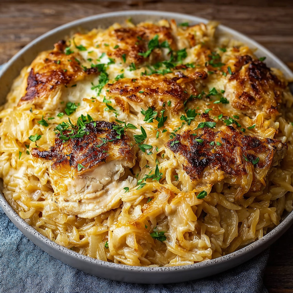 A delicious French Onion Chicken Orzo Casserole.