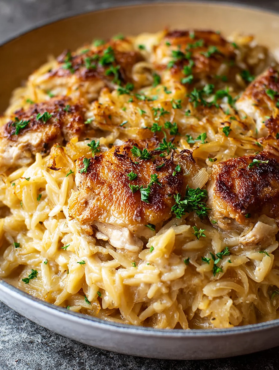 A dish of French onion chicken orzo casserole.