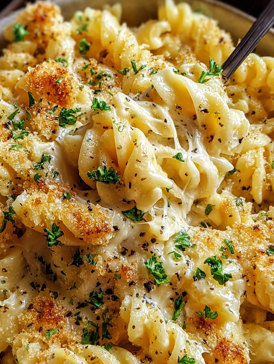 A close up of a delicious garlic Parmesan pasta bake.