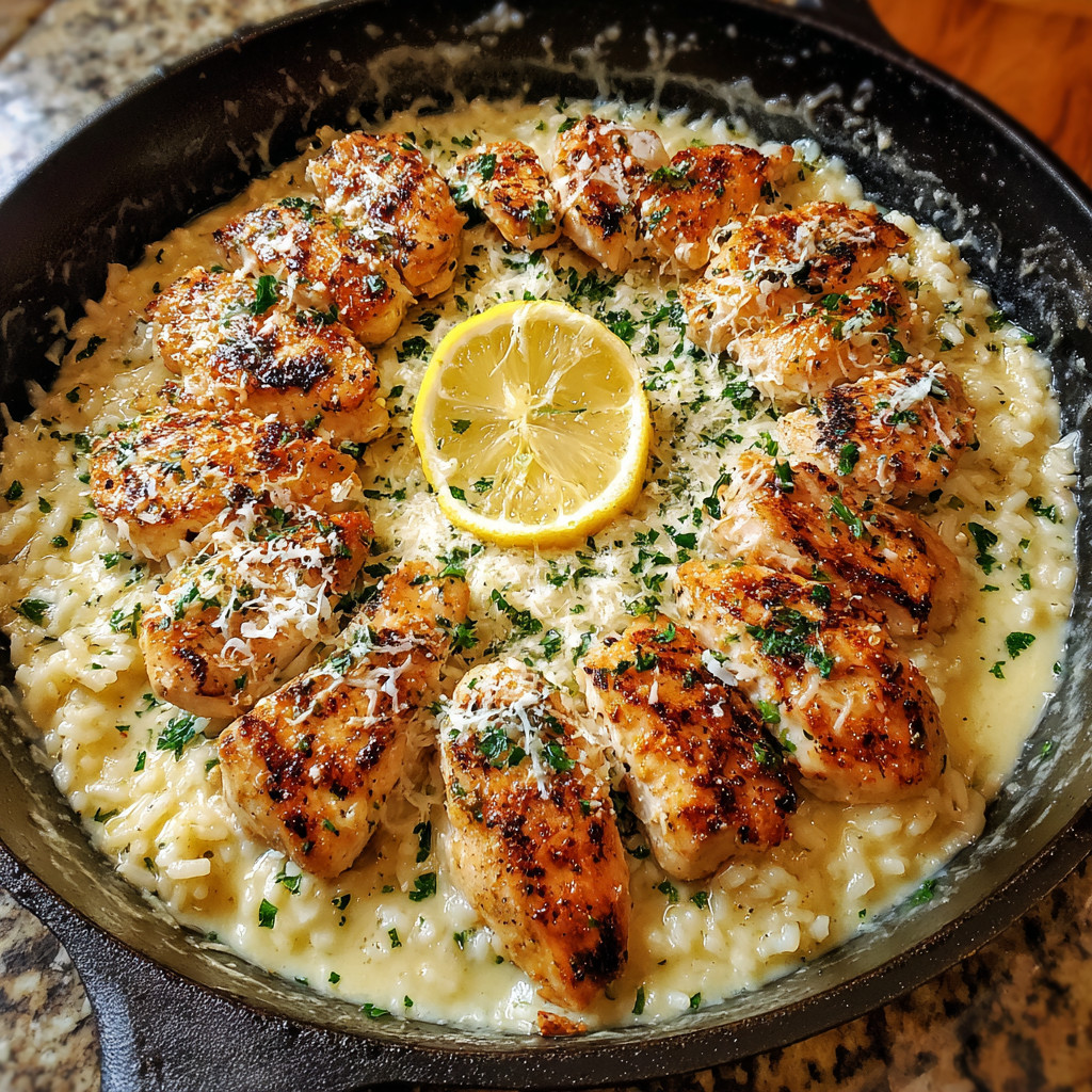 A pan of garlic Parmesan chicken scampi.
