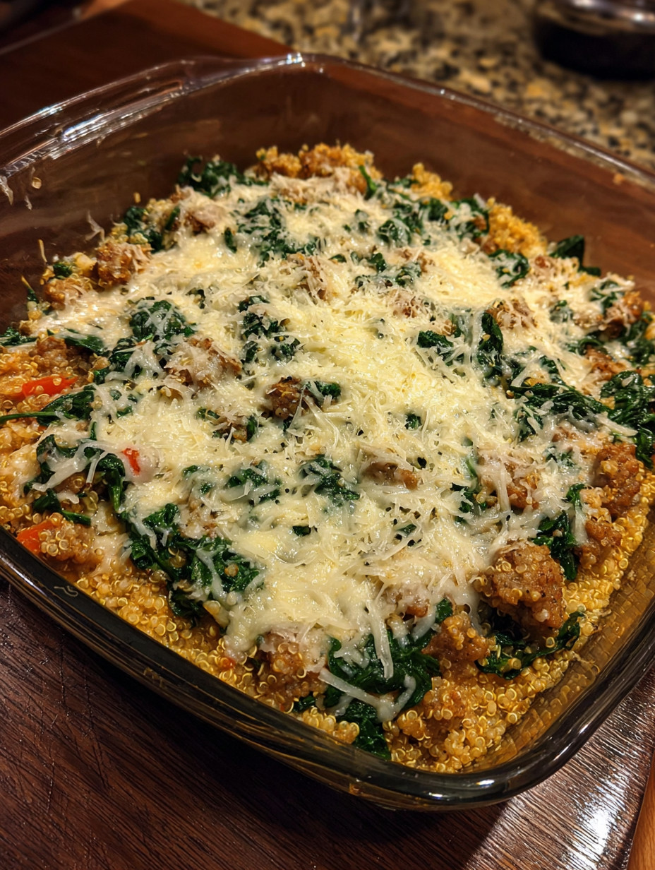 A dish of cheesy spinach sausage quinoa.