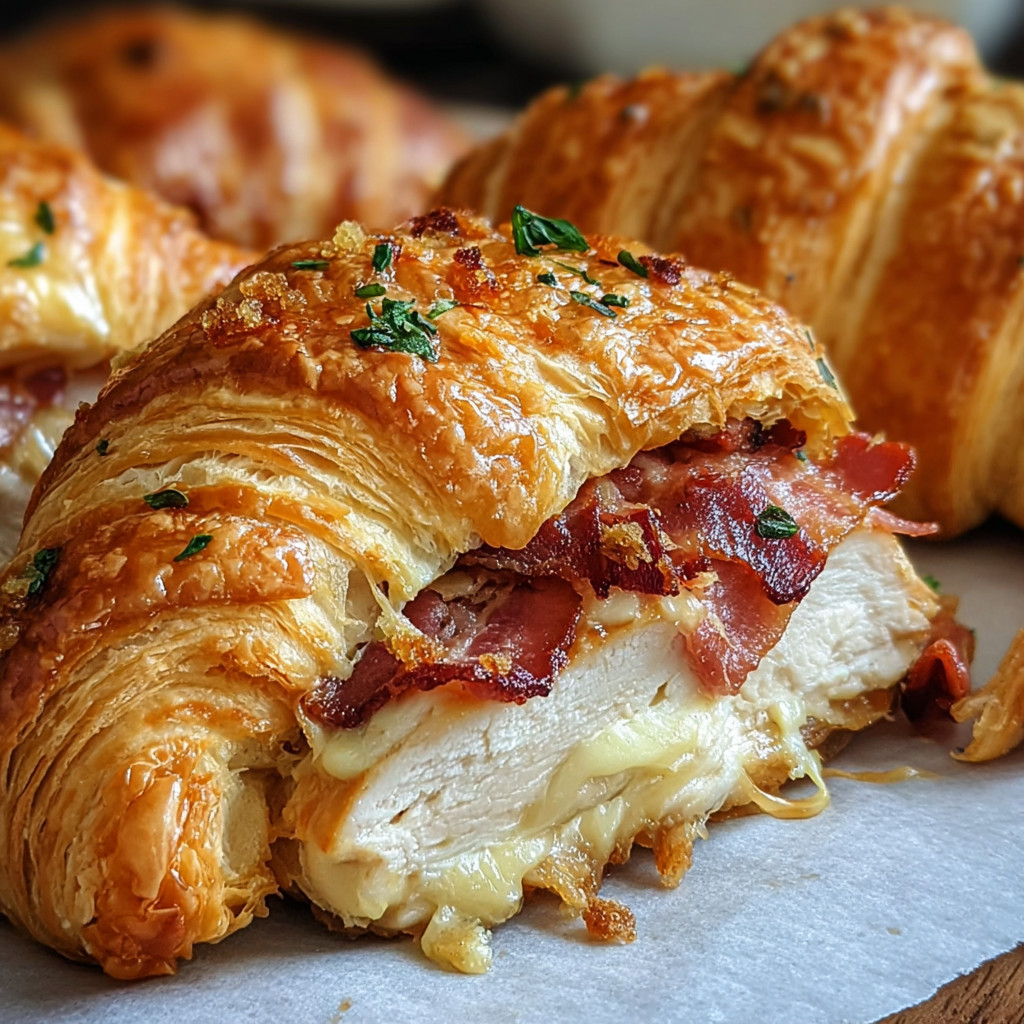 A croissant sandwich with bacon and chicken.