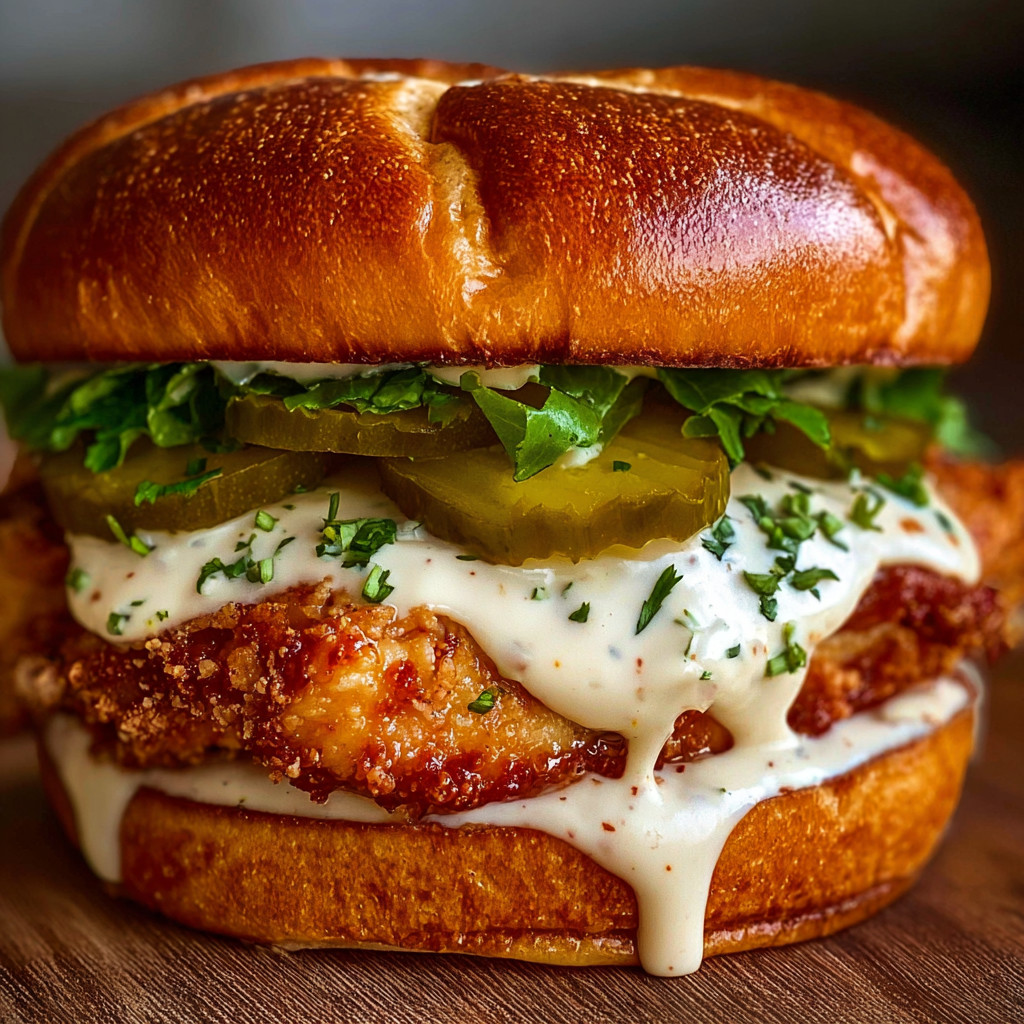 A spicy chicken sandwich with creamy homemade sauce.