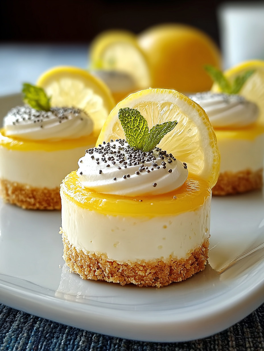 Three mini lemon cheesecakes with lemon slices on top.