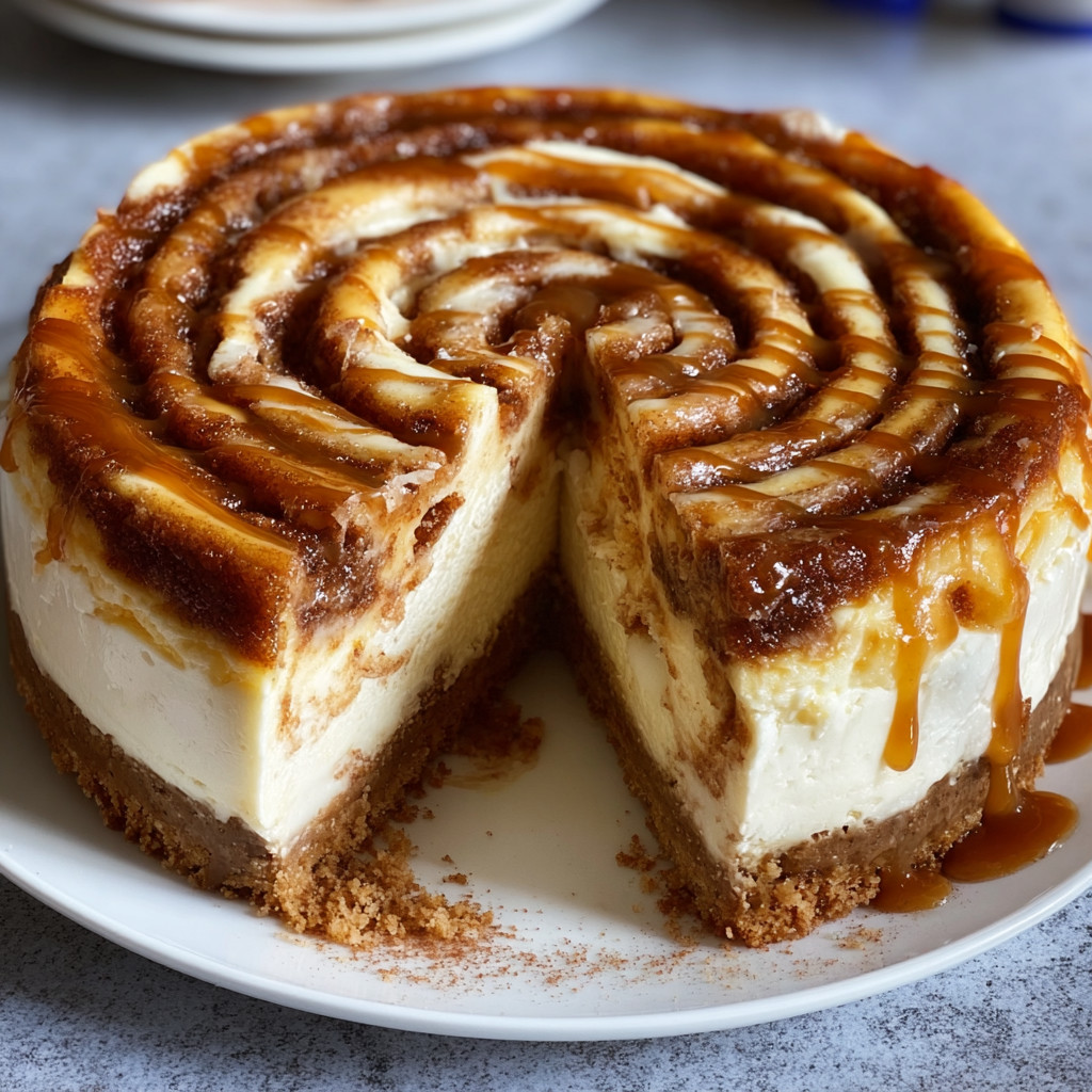 A slice of cinnamon roll cheesecake.