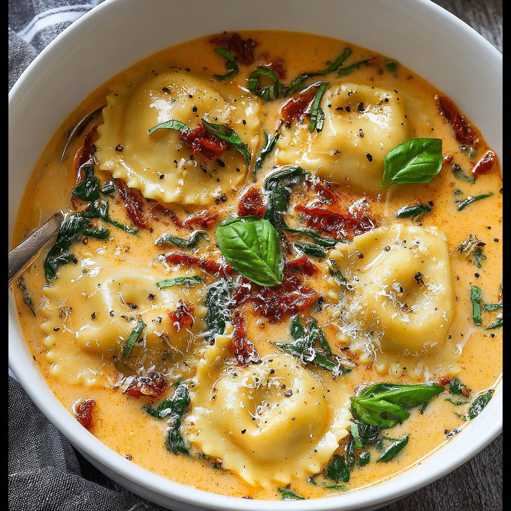 A bowl of soup with ravioli and spinach.