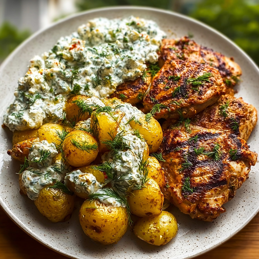 A plate of food with chicken, potatoes, and yogurt.
