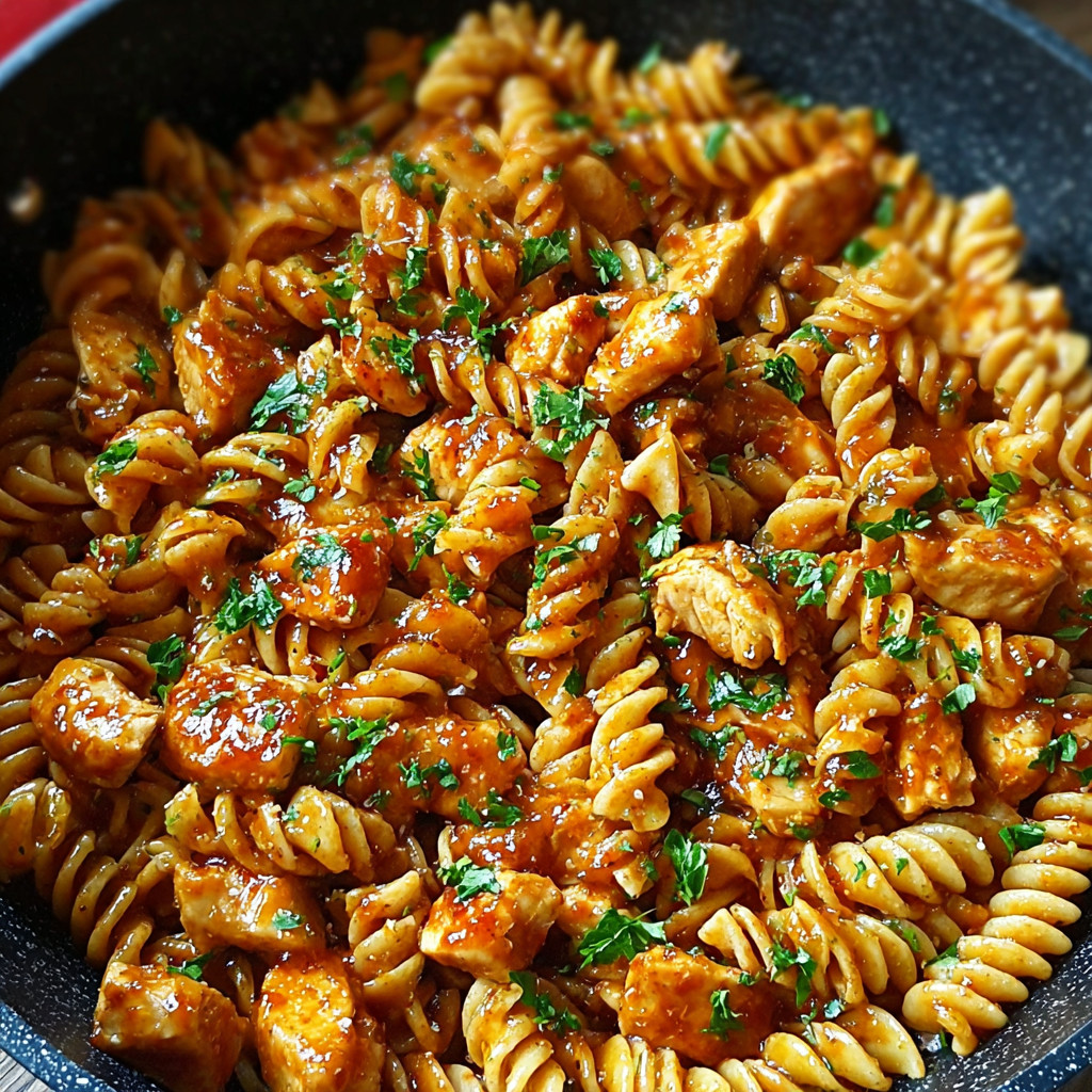 A one-pot meal of chicken, pasta, and honey garlic sauce.