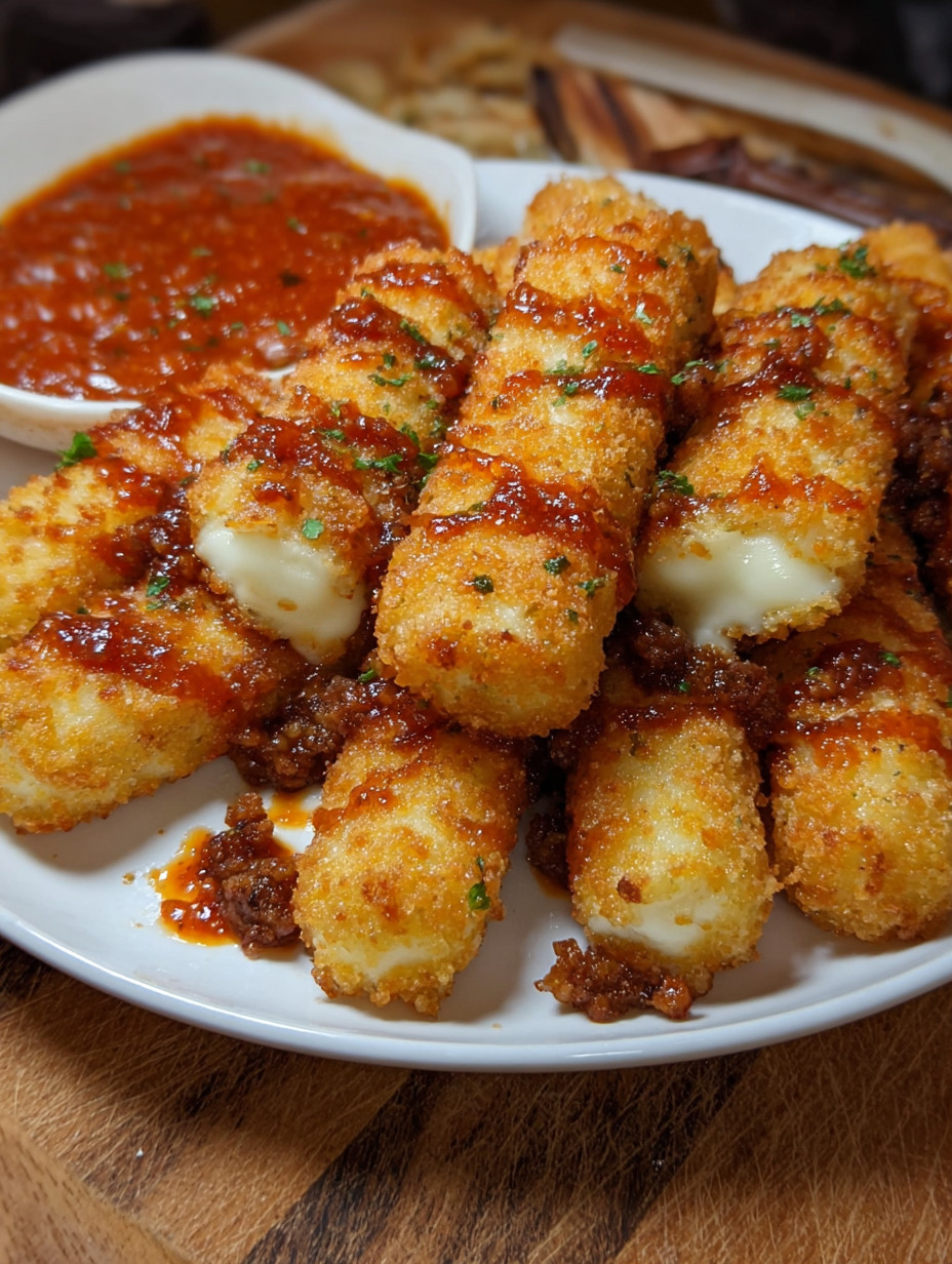 A plate of crispy Nashville Hot Mozzarella Sticks.
