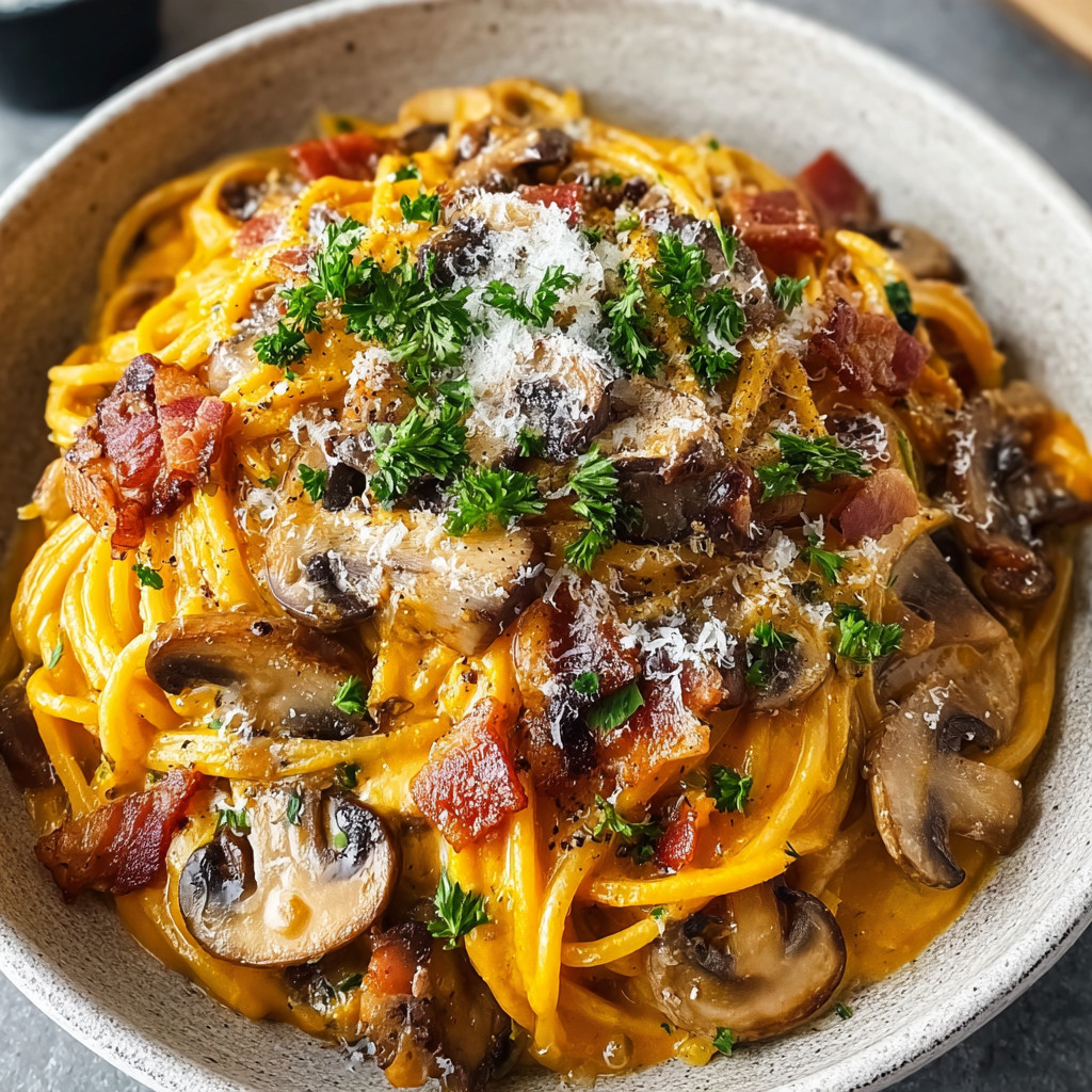 A bowl of spaghetti with mushrooms and bacon.