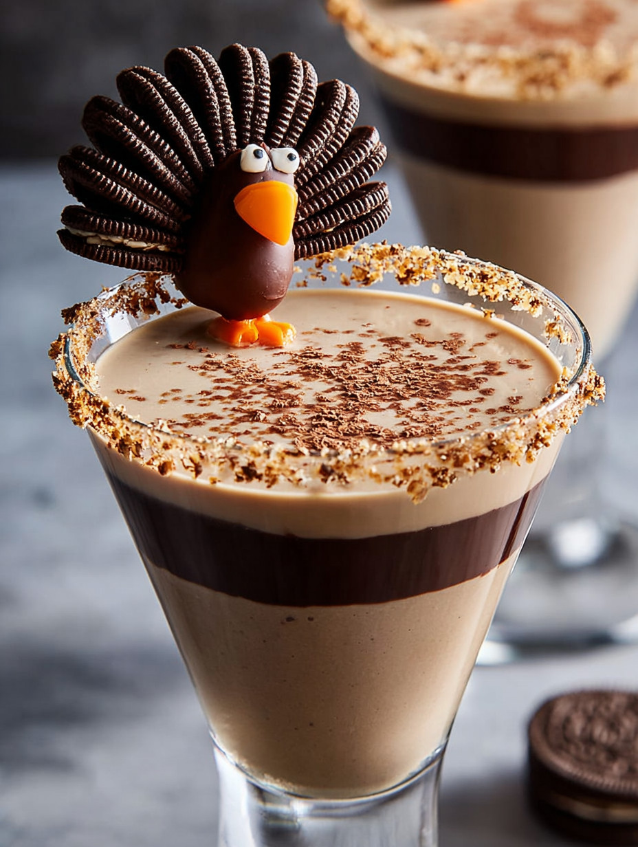 A Turkeytini is made with chocolate, whipped cream and cookie crumbs.