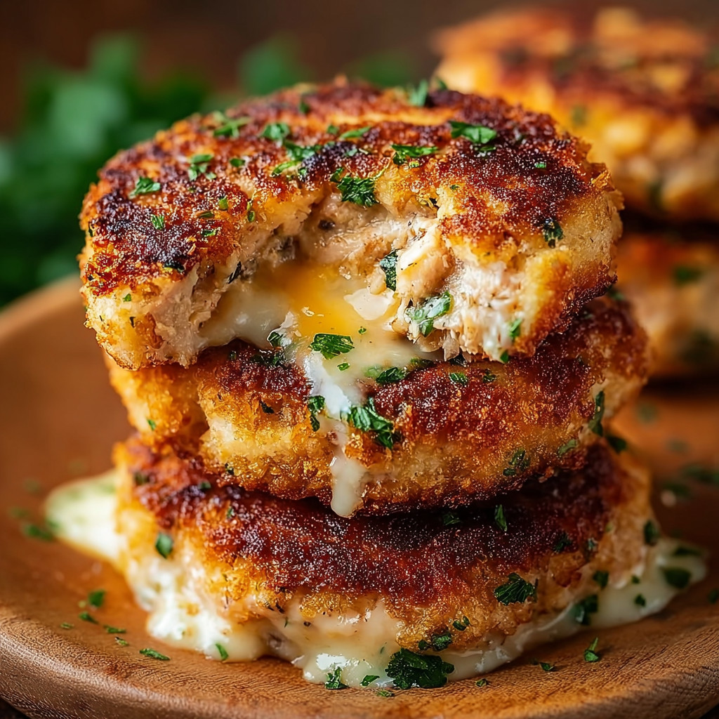 A stack of tuna melt patties on a wooden platter.