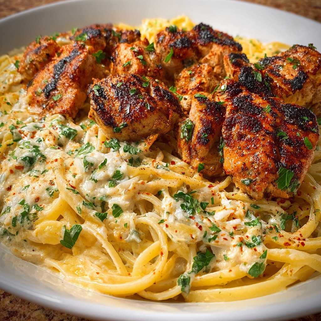 A plate of spicy garlic butter chicken with linguine in four-cheese sauce.