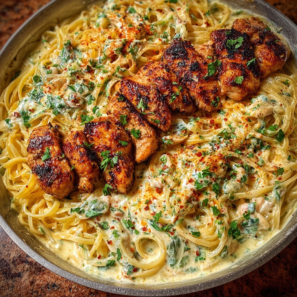A plate of food with chicken and pasta.