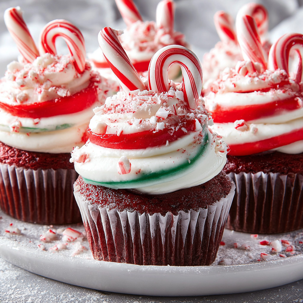 A plate of red velvet cupcakes with white frosting and candy cane decorations.