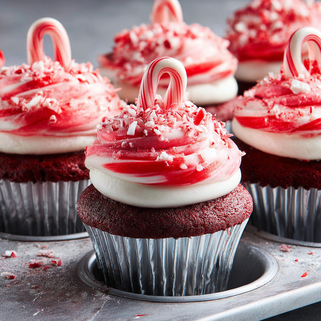 Red velvet cupcakes with white frosting and red candy cane decorations.