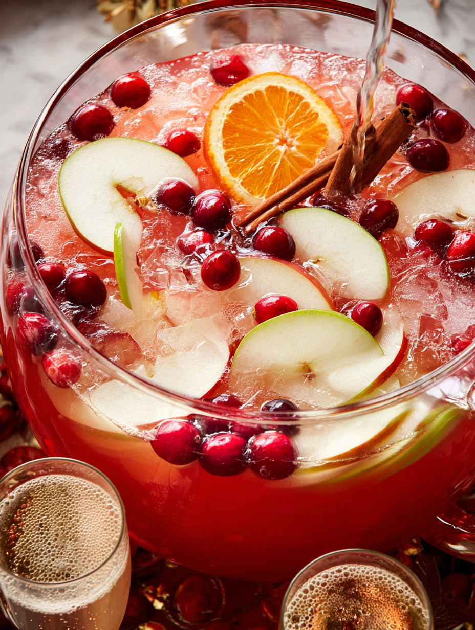 A large bowl of Christmas punch with apples, oranges, and cranberries.