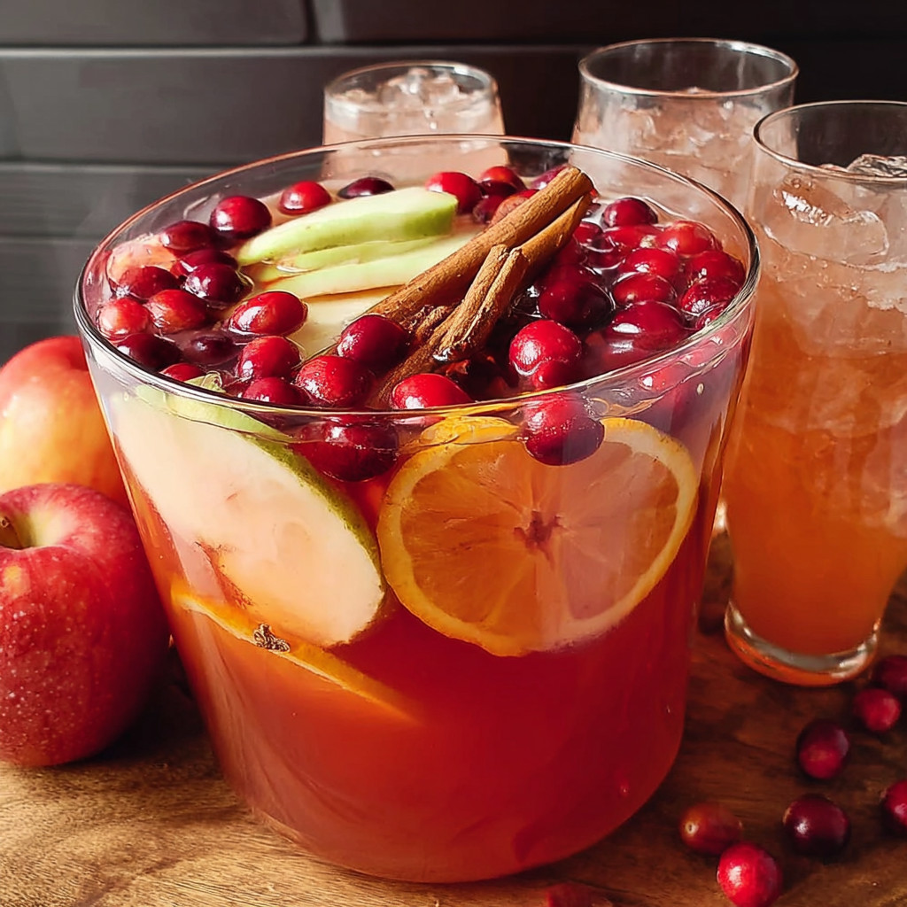 A glass bowl filled with a red drink and fruit.