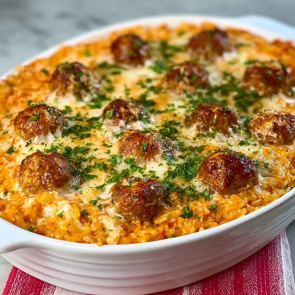 A cheesy meatball rice casserole in a white bowl.