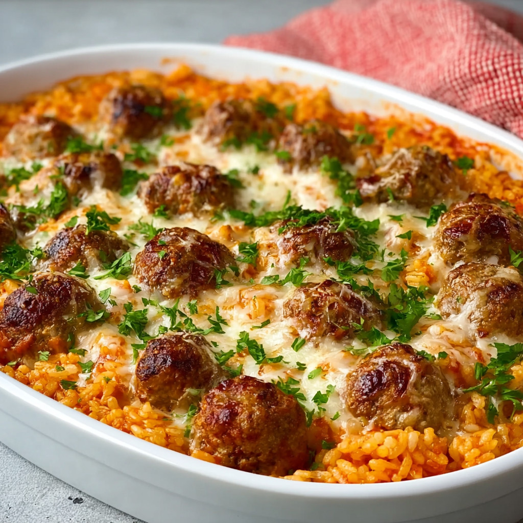 A cheesy meatball rice casserole.