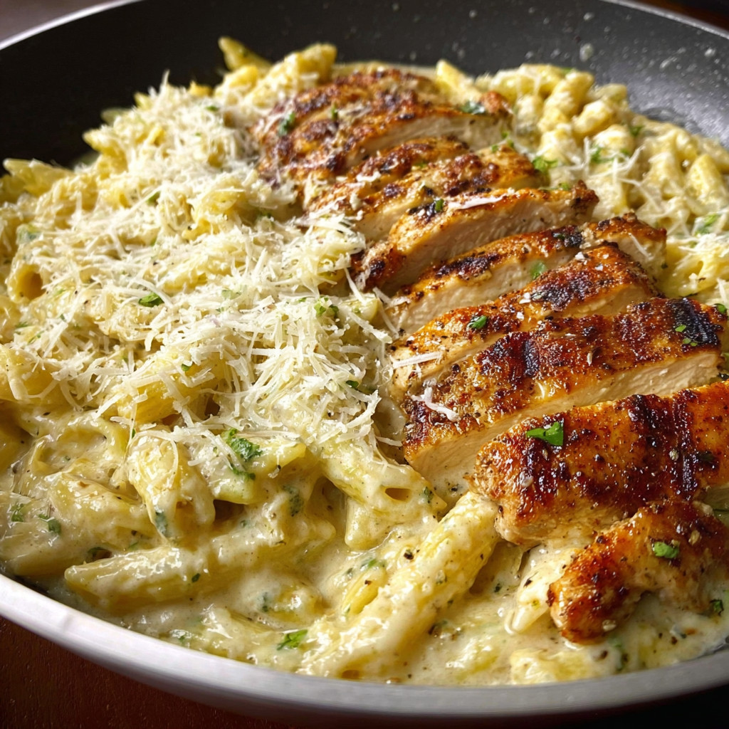 A plate of pasta with chicken and white sauce.