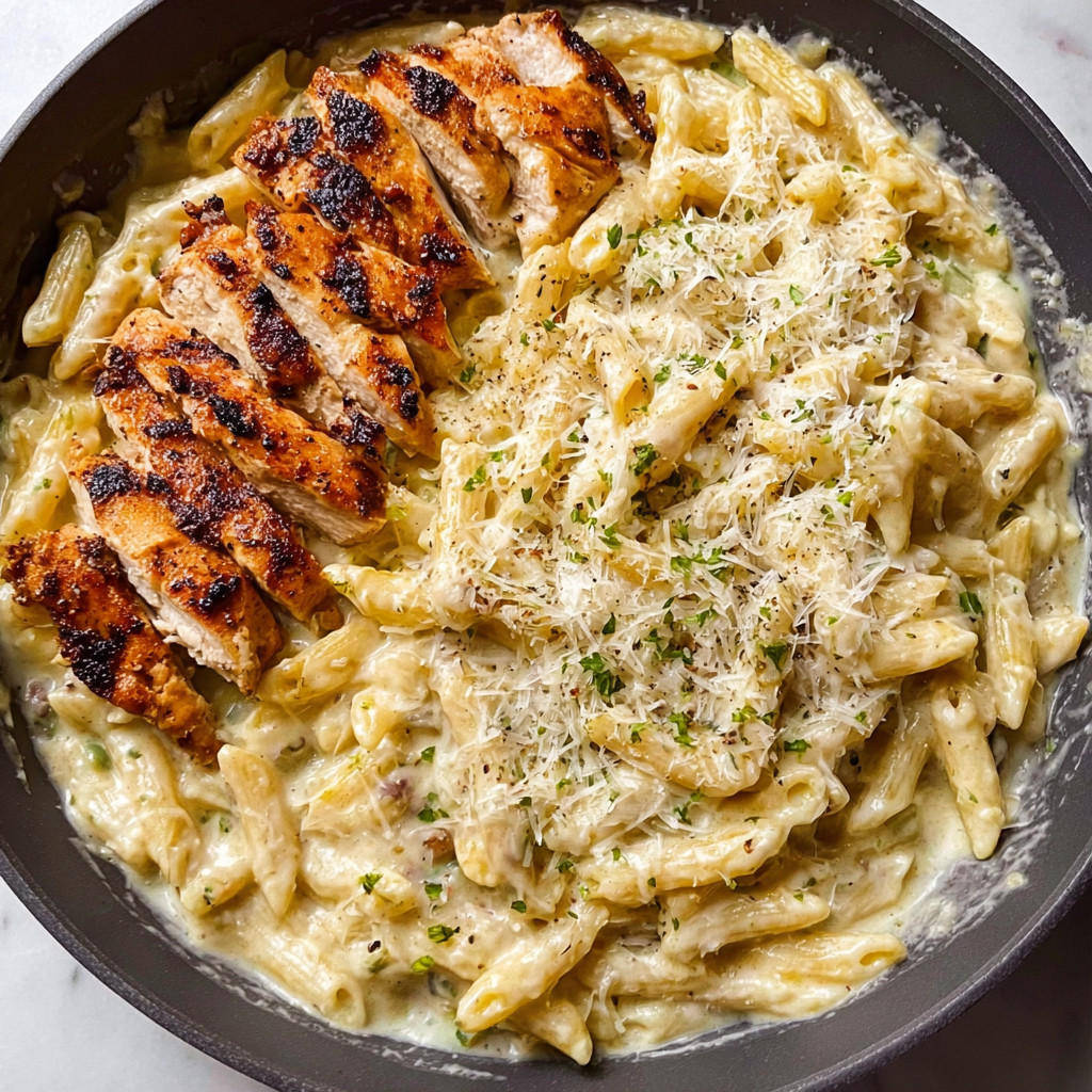 A bowl of pasta with chicken and white sauce.