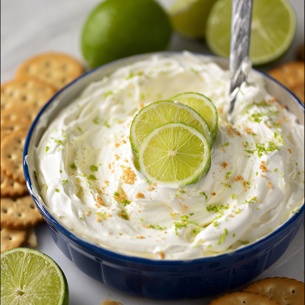 A bowl of key lime pie dip with a spoon in it.