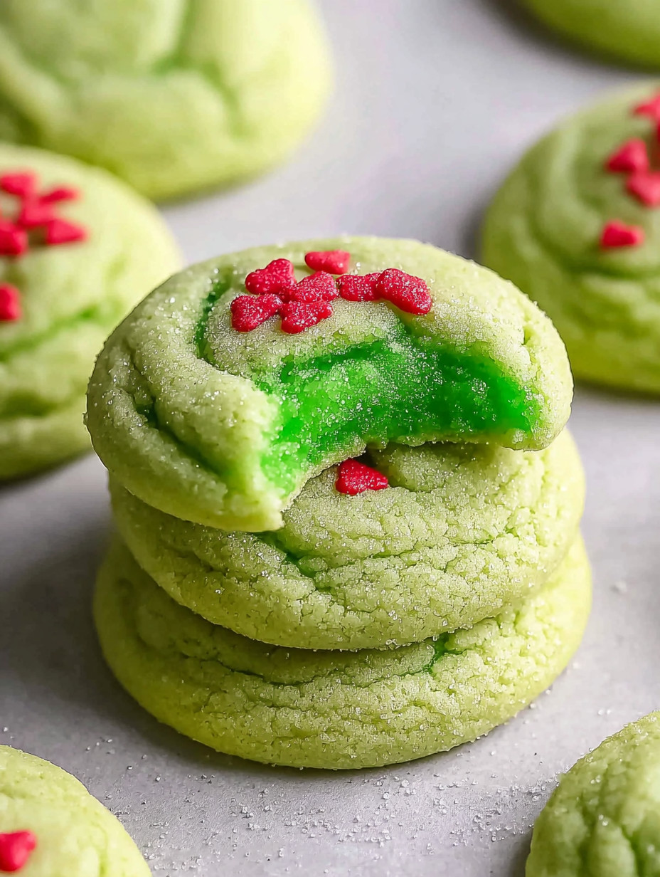 Grinch sugar cookies on a table.