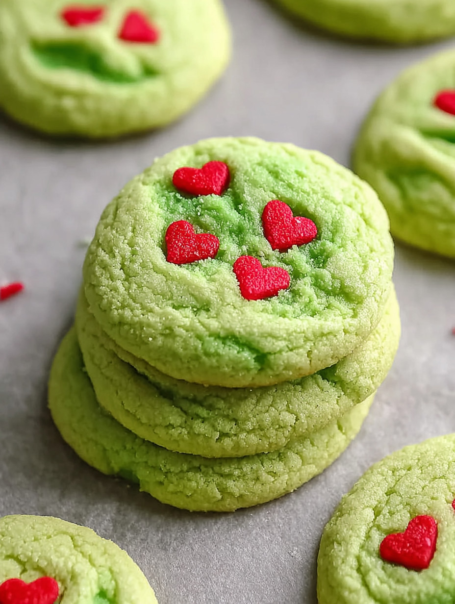 Grinch sugar cookies stacked on a tray.