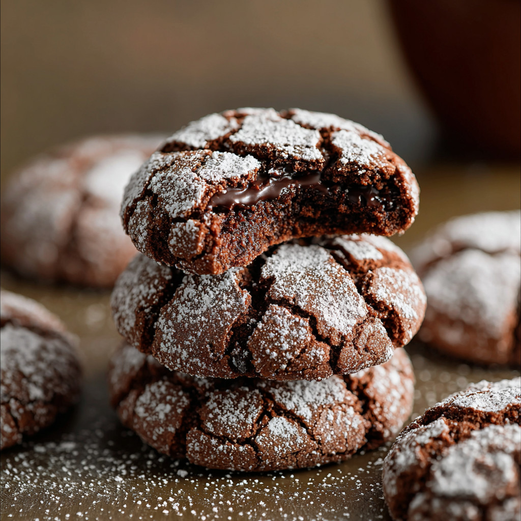 A stack of chocolate crinkle cookies.