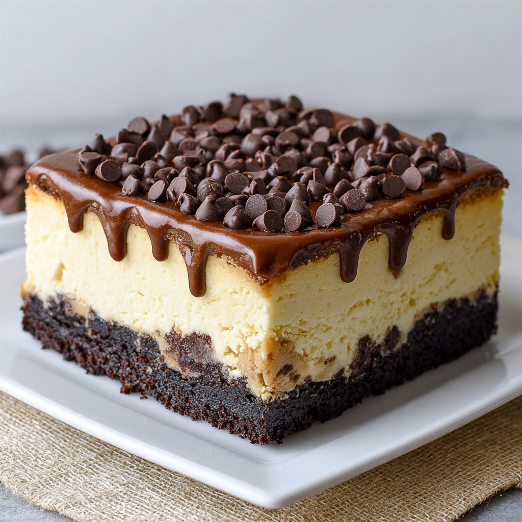 A slice of chocolate cheesecake with chocolate chips on top.