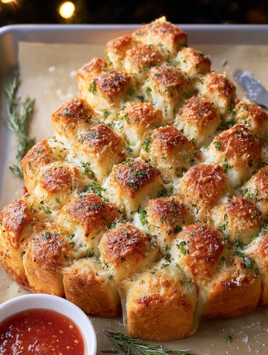 A cheesy pull-apart Christmas tree bread.