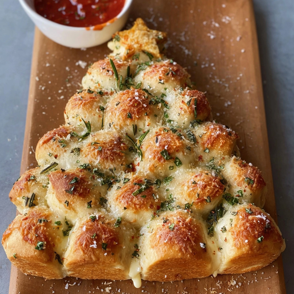 A cheesy pull-apart Christmas tree bread.